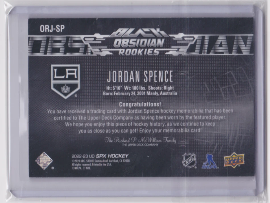 2022-23 UD SPX BLACK OBSIDIAN ROOKIES JERSEY /499 JORDAN SPENCE #ORJ-SP LA KINGS - Image 2 of 2