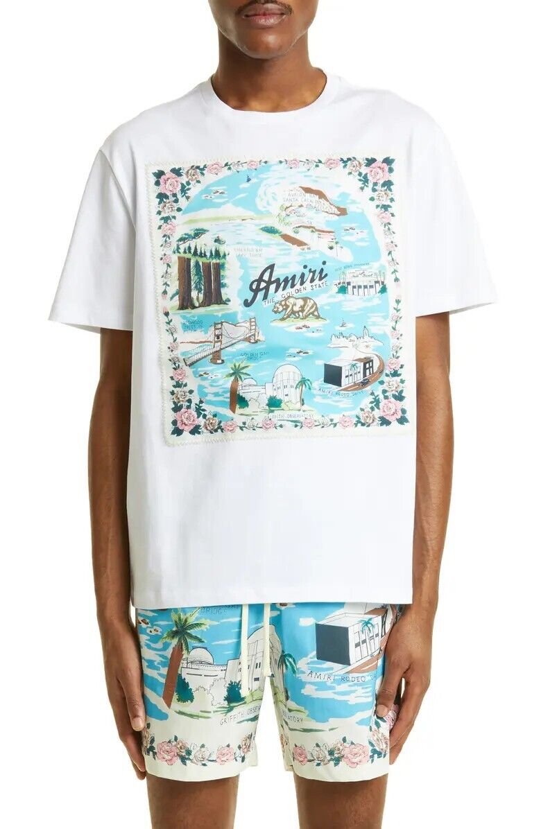 AMIRI White California Hawaiian Tee Men Crewneck T-Shirt AMIRI White California Hawaiian Tee Men Crewneck T-Shirt