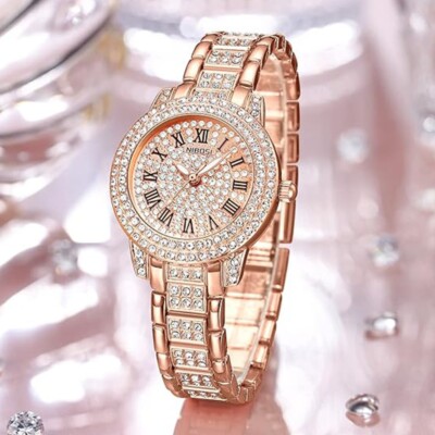 NIBOSI Orologio da polso da donna, orologio analogico al quarzo in oro rosa con quadrante a diamanti, elegante orologio da polso impermeabile per ragazze, bracciale gioiello, Bracciale