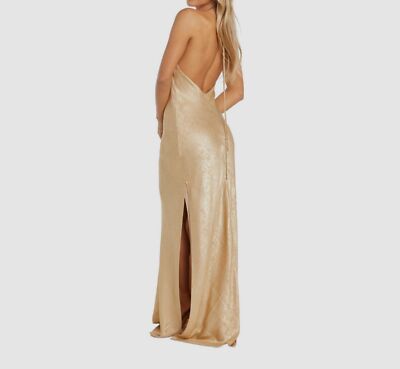 gold metallic halter dress Sherri Hill Pleated Metallic Prom Dress 55930 Gold / 00 main image 1