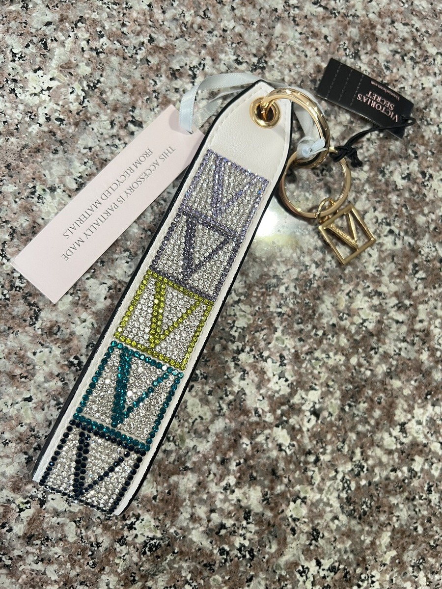Victoria's Secret White Rhinestone Wristlet Keychain Ring V Logo