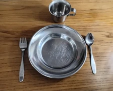 Vintage Selandia~Denmark 18/8 Stainless Steel Childrens Fork, Spoon, Plate & Cup