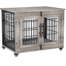 Dog Crate Furniture Dog Kennel Indoor Double Doors Wooden Cage & Cushion Gray