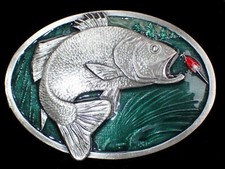 NICE LOOKING FISH ABOUT TO BITE FISHING BELT BUCKLE VINTAGE 1977 BERGAMOT PEWTER