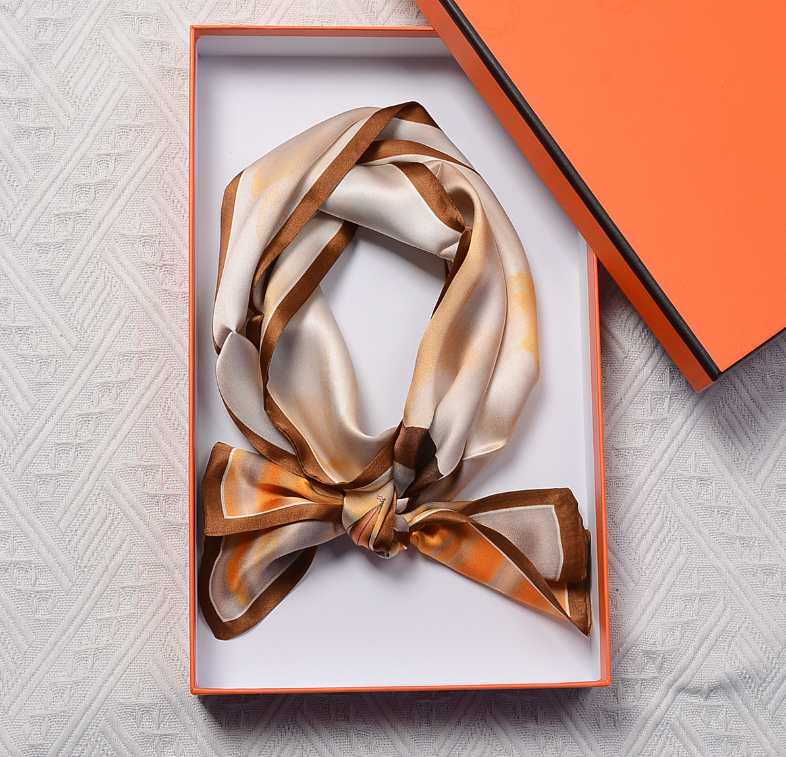 100% Silk 12 Momme Red Sunset Print Scarf Double-Layer Ribbon 145x16cm