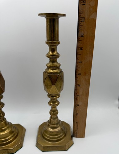 Heavy Brass Diamond Candle Stick Holders 11-1/2" - Picture 7 of 8