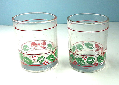 2 Arcoroc Clear Glass Christmas Holly, Berry & Ribbon Shot Glasses, Votive