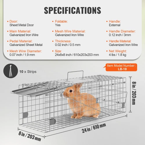 VEVOR Live Animal Cage Trap 24" x 8" x 8" Humane Cat Trap Cats Squirrels Mouse - Picture 7 of 12