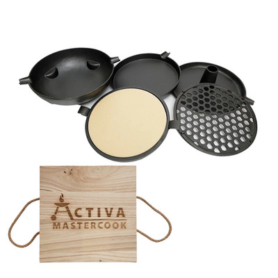ACTIVA Rosteinsatz-Set 7-tlg Gusseisen Pizzastein Grillplatte Wok Pfanne Ø 30 cm