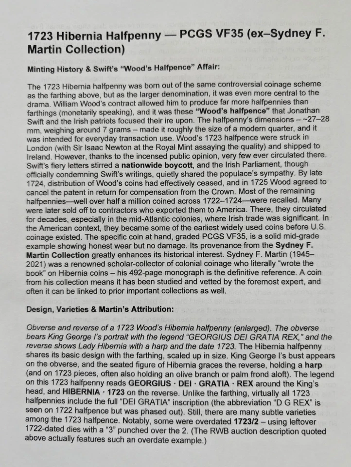 1723 Wood's Hibernia Halfpenny — PCGS VF35 — Sydney F. Martin — Martin 4.54-Ha.2 - Image 3 of 4