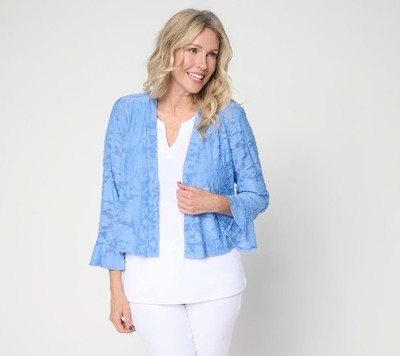 Susan Graver Burnout Knit Shrug with Bell Sleeve Cuff Sunkissed Blue L New