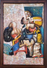 Vintage Mystery Painting Abstract Mid Century Modern Cubist Art 24 x 36