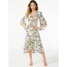 Women’s 3X Colorful Floral Hi-Low Maxi Dress Long Sleeve Cottagecore Boho