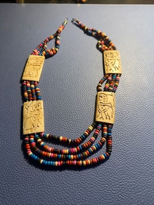 Handcrafted Carved Bone Elephant Multi-Strand Wooden Bead Necklace