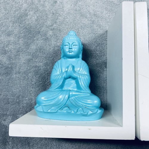 Sixtrees Buddha Bookends Blue Statues White Base Set of 2 Relgious Study Decor - Picture 2 of 13