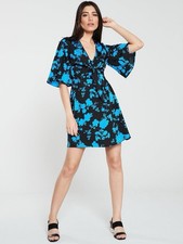 Very 10 Blue & Black Kimono Sleeve Tea Dress Tie Front BNWT Party Occasion Trend