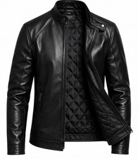 Mens Real Leather Jacket Black Cafe Racer Stand Collar Quilted Lined Slim Fit