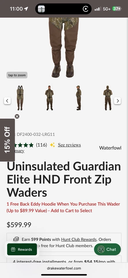 Drake Uninsulated Guardian Elite HND Front Zip Waders Treestand Camo 11 Large - Image 2 of 4