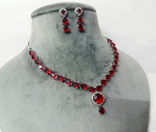 Bollywood CZ Ruby Red Necklace Choker Earring Bridal Wedding Statement Jewellery - Picture 5 of 6