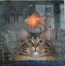 two Individual Beverage Paper Napkin Gray Tabby Cat Goldfish Decoupage Fish Tank