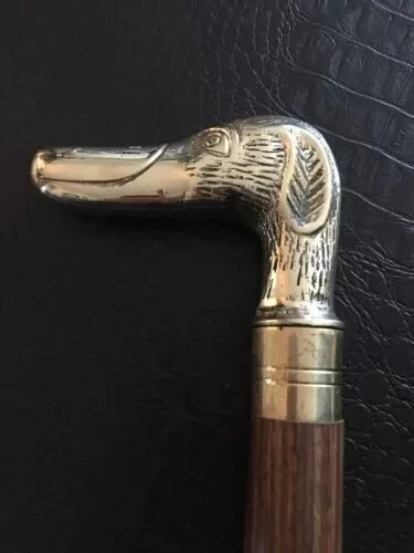 Vintage Antique Brass Dog Head Handle Wooden Cane Walking Stick Designer Gifts - Picture 2 of 10