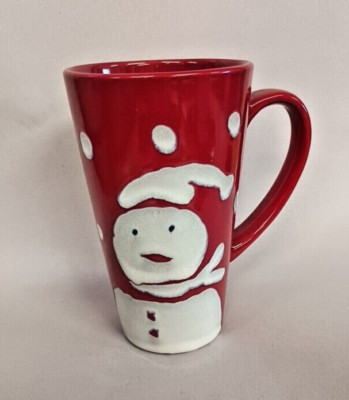 Pier1 Hand Painted Red/White Snowman & Snowballs 16 Oz. Cocoa/Coffee/Tea Mug New
