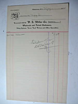 May 1, 1912 D.S. Miller, Watertown,Invoice Sent to Company in Castorland, N.Y.