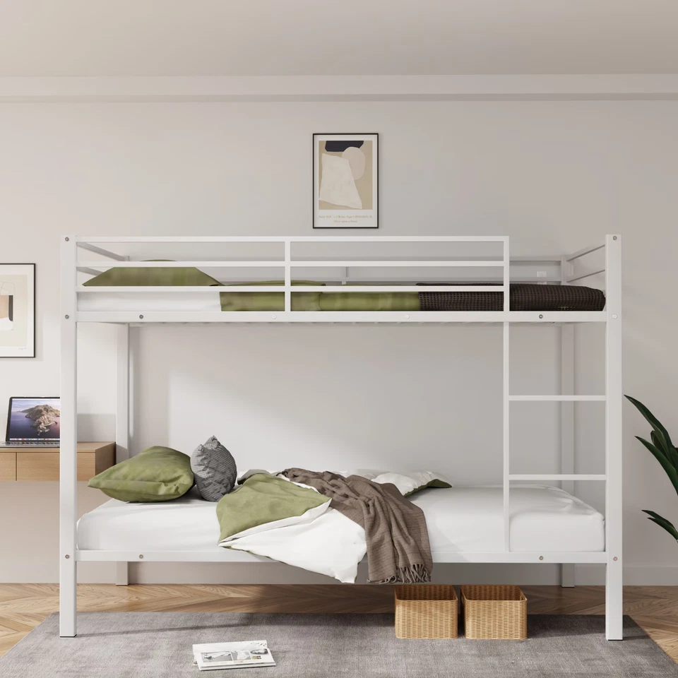 Twin Over Twin Metal Bunk Bed Frame with Ladder, High Guardrail and Metal Slats - Image 2 of 4