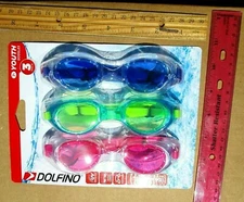 NEW! UV Protection 3-Pack Dolfino Water Beach Swim Goggles Kids Children Age 7+