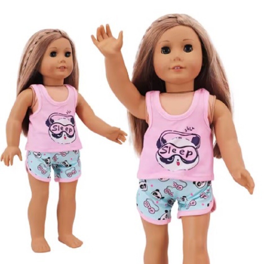 Nightwear, Short Style, Panda Top & Short Pajamas~❤️Slippers for 18" Dolls