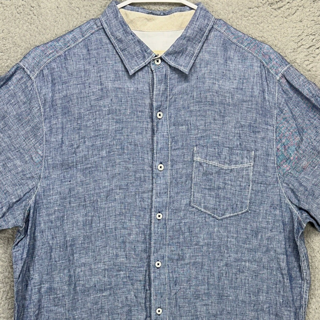Tommy Bahama Mens Button Up Shirt Large Blue Short Sleeve Pocket Logo 100% Linen