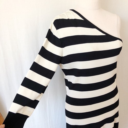 CUE KNIT Dress Size M-L Cream Black Striped One Shoulder Fitted Bodycon NEW - Picture 8 of 11