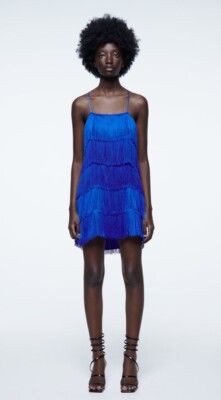 zara blue fringe dress FRINGED MINI Ink Color Size M Category:BASICS Nonna Wedding Dress – Color:Navy & Pink Stripe Interior lining.