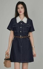 Fashion Casual  Women's Lace Lapel Denim Mini Dress Belt Short Sleeve Dress