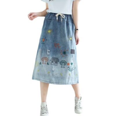 Women Girls A Line Denim Skirt Slim Embroidery Jean Drawstring