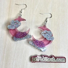 Crescent Moon Earrings - Pink Acrylic Moon With Silver Glitter Clouds