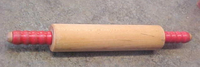 F1 Vintage wood wooden kitchen rolling pin red handles 17" L x 2.25" dia NICE