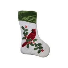 Christmas Holiday Stocking Cardinal W/Holly Red/Green/White Velvety Soft 16"