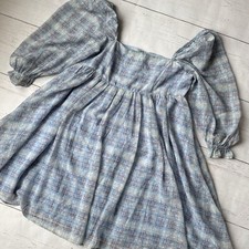 Storia Babydoll Dress Womens Sz M Plaid Puff Sleeves Blue Swiss Dot