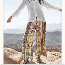 JOHNNY WAS bohemian wide leg elastic waist multicolored rayon Rachel Pant Size S