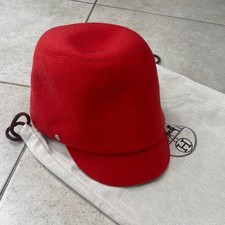 Hermès Women Red Newsboy Hat 100% Cashmere Lined Solid Formal Peaked Cap Size 57