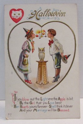 Antique Halloween Postcard Nash H-13 Girl Boy White Owl Cat Apple Heart 