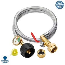 3Ft Propane Refill Hose with Gauge & Control Valve - Stainless Steel, Fits 1L...