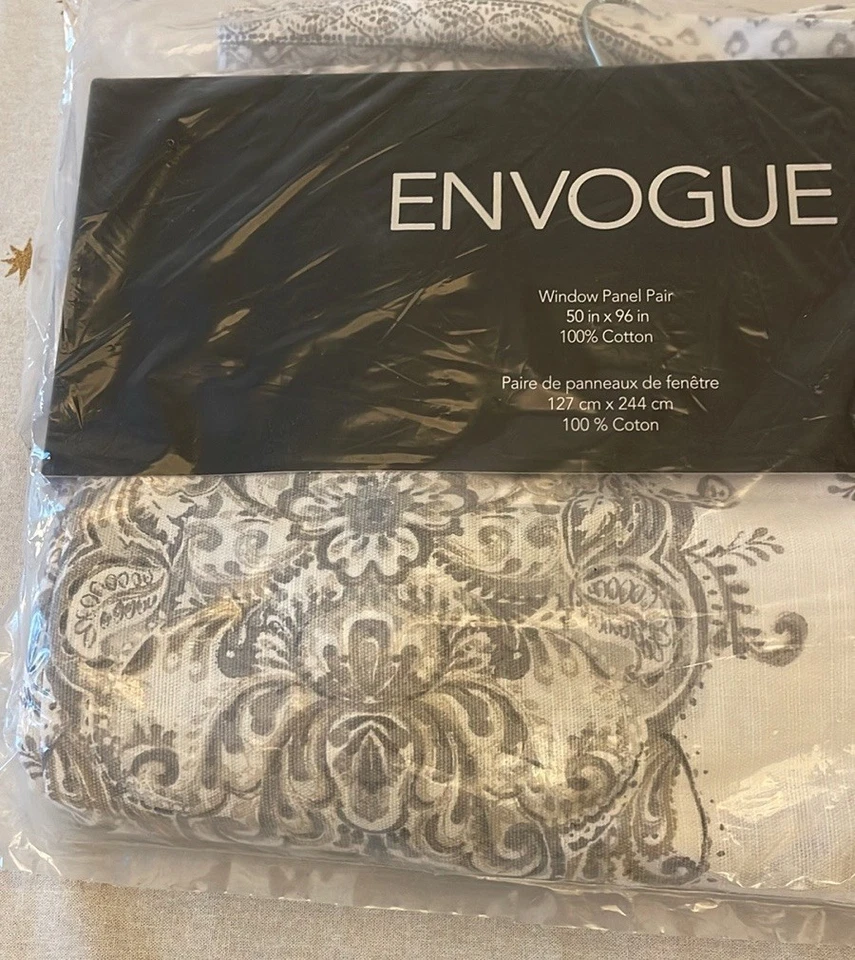 Envogue Sinclair Border Print Gray and White Window Panel Pair Paisley New - Image 4 of 4