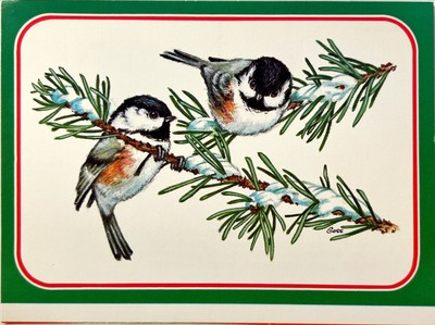 #ad 1983 Black Capped Chickadees Holiday Postcard by Barbara Goss $2.39