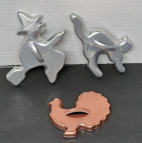 Vintage Metal Mirro Cookie Cutters Witch Cat Turkey Halloween Thanksgiving - Picture 1 of 8