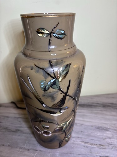 BRISTOL GLASS CLAM BROTH VASE HAND PAINTED BIRDS AND FLOWERS 12"