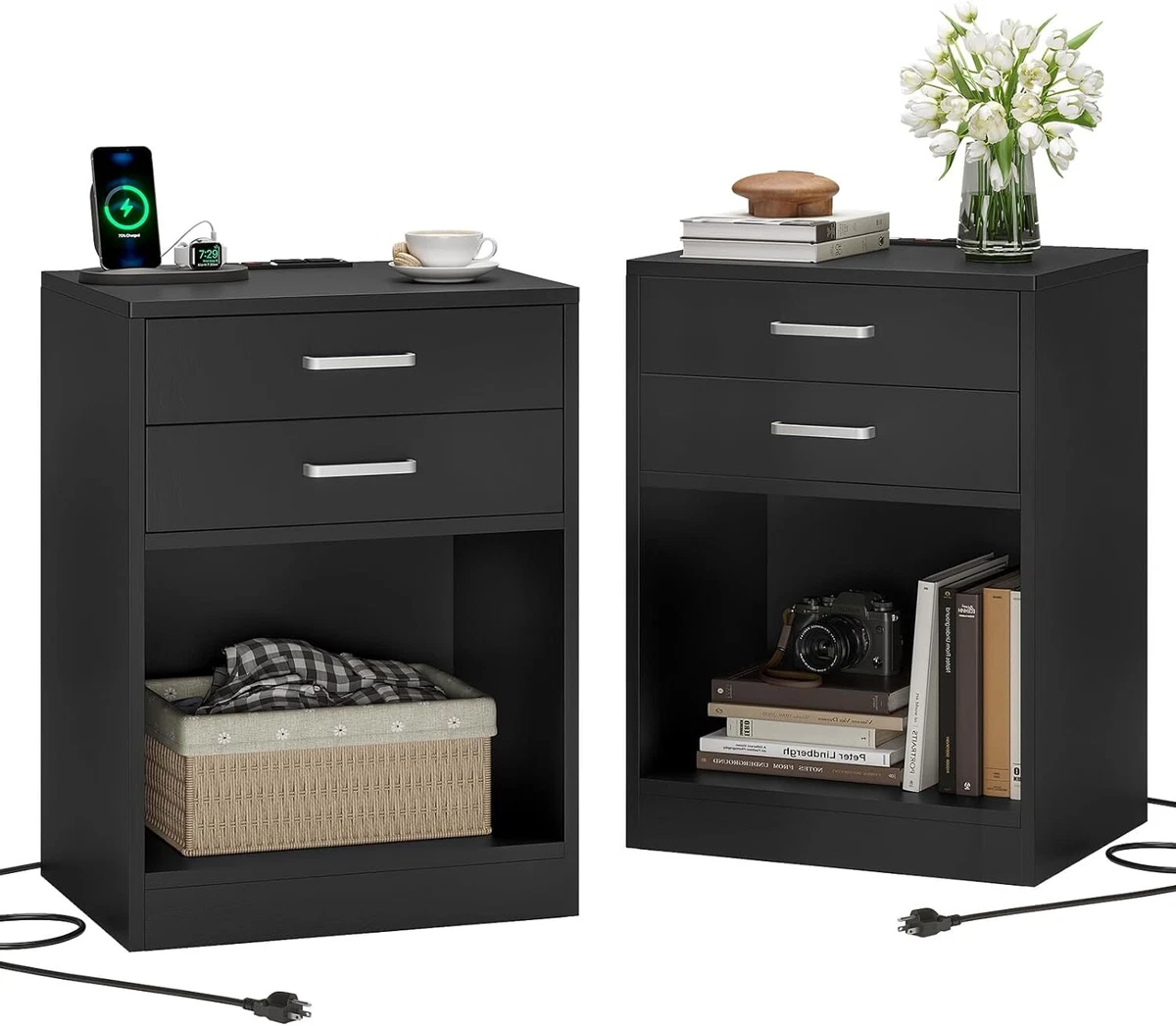 Nightstands Set of 2 with Charging Station Drawers Bedside Table for Bedroom