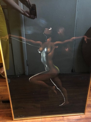 Original schwarzes Samt Gemälde stehender Akt nach Reifen, gerahmt, 34x23 - Bild 5 von 7