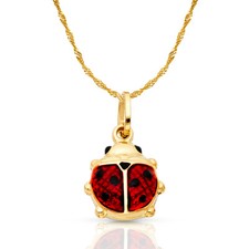 14K Yellow Gold Lady Bug Lucky Charm Pendant  1.2mm Singapore Chain Necklace